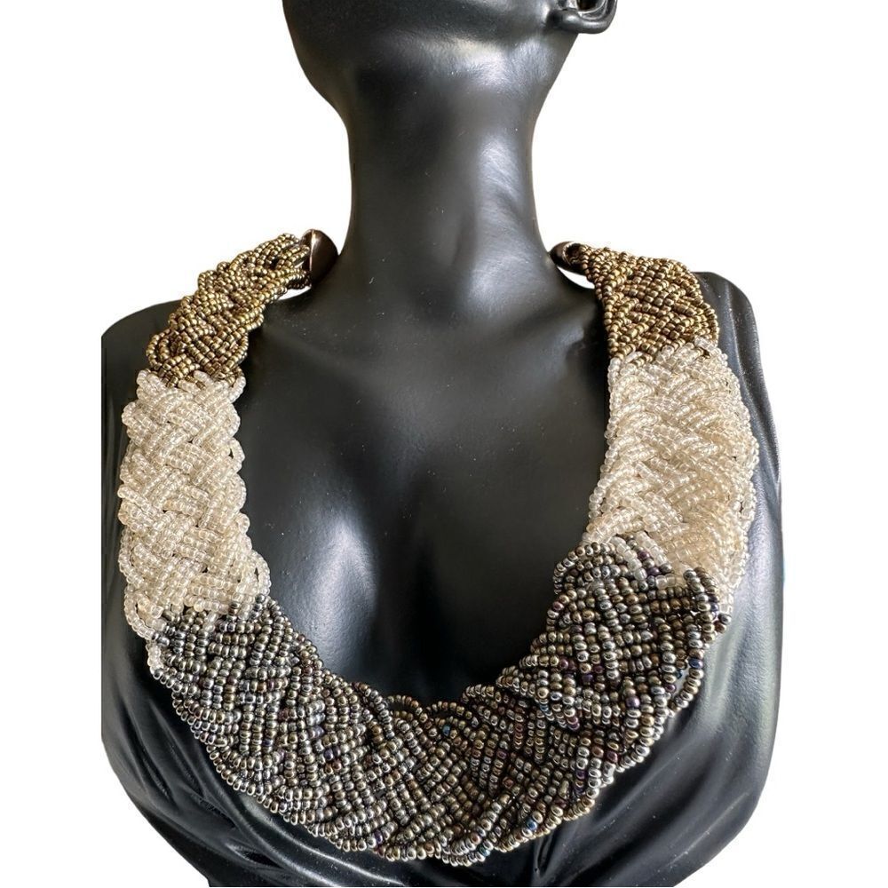 Necklace/Choker Beaded Vintage Statement Gold Black Gray Silver White 19" RAE